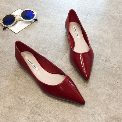 Flat Heel Shoes Women Pointed Toe Patent Leather Lemon Yellow Wine Red Lady Fashion Flats Candy Color Flat Sole Large Size 42 43