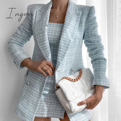 Ingvn - Fashion Casual Double Breasted Tweed Women Blazer Coat New Long Spring Autumn Jackets Coats Female Chic Office Lady Tops