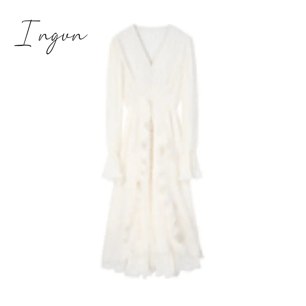 Ingvn - Pure Color French Elegant Dress Woman Long Sleeve Fairy Midi Dress Casual 2023 Summer Slim Party One Piece Dress Korean Design