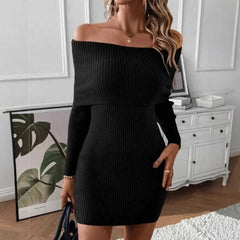 Women's New Spliced Fashionable Solid Color Slim Fit Casual Long Sleeved Knitted One-piece Collar Dress