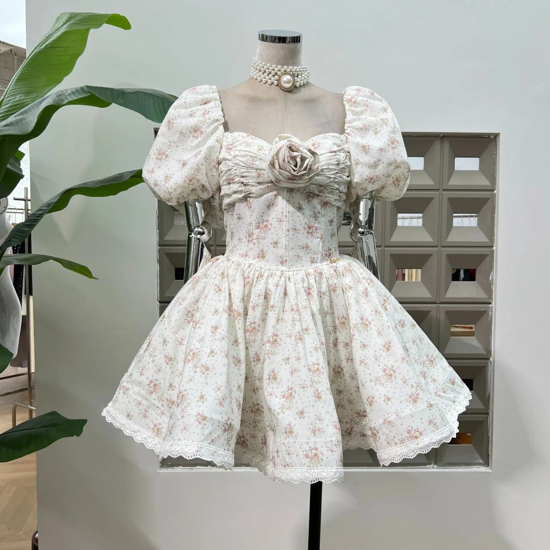 French Spliced Appliques Sweet A Line Dresses For Women Slash Neck High Waist Printing Lace Backless Dress Female Fashion