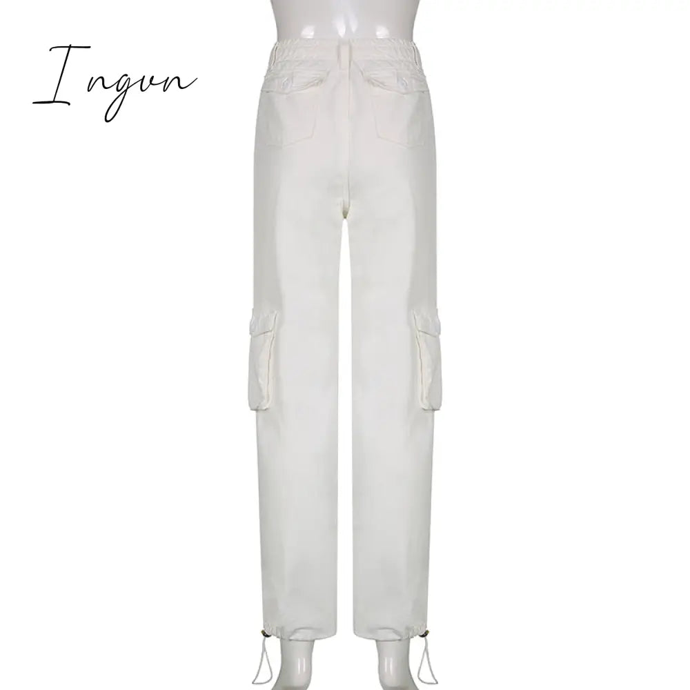 Ingvn - Women Spring Fashion Multi Pockets White Cargo Pants Women Adjustable Low Waist Baggy Wide Leg Jeans Oversized Casual Trousers Retro Bottoms Iamhotty