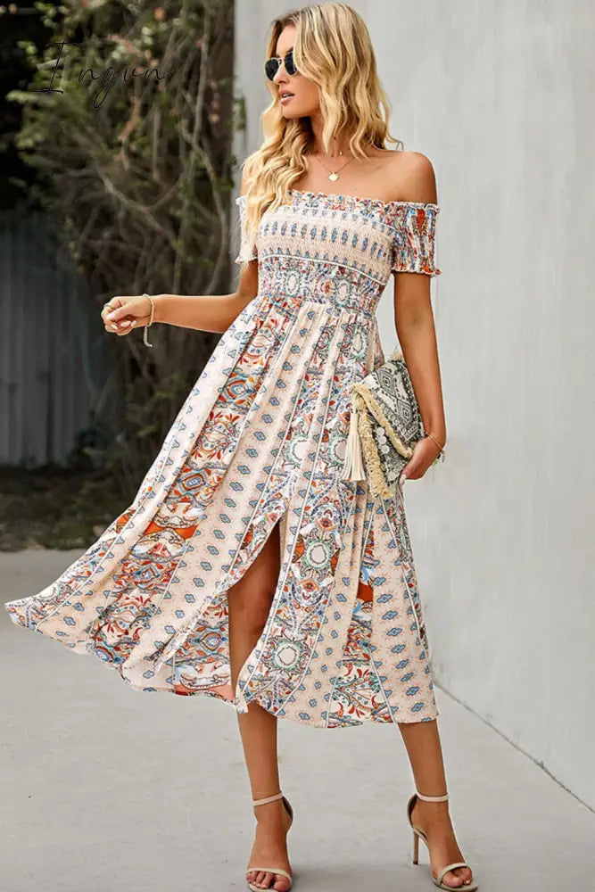 Ingvn - Bohemian Off-Shoulder Frill Trim Split Dress