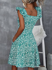 Floral Print Square Neck Patched Pockets Dress, Elegant Ruffle Sleeves Cinched Waist Dress For Spring & Summer, Women's Clothing