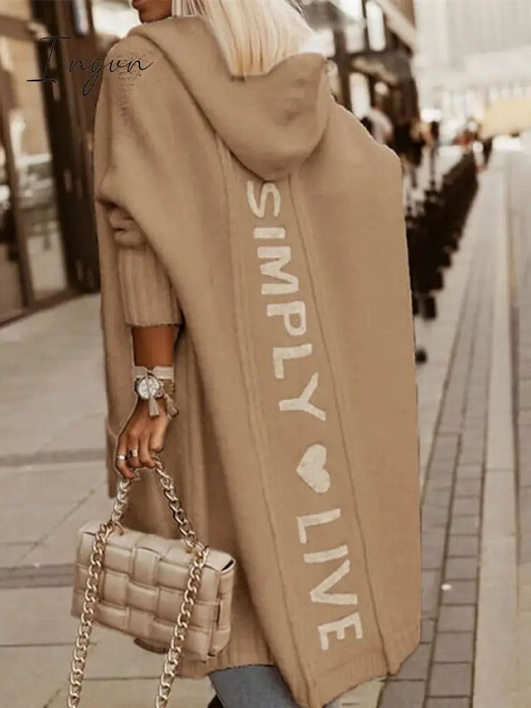 Ingvn - Women's Cardigan Knitted Letter Personalized Stylish Casual Long Sleeve Regular Fit Sweater Cardigans Hooded Fall Winter Gray Camel White