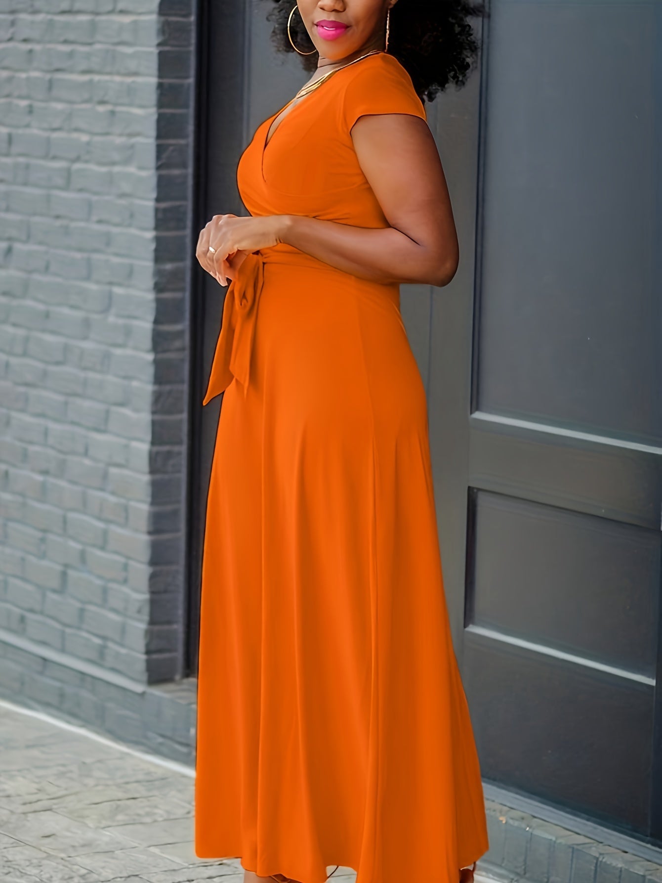 V Neck Tie Waist Dress, Casual Solid Color Cap Sleeve Dress For Summer, Women's Clothing