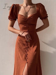Ingvn - Sexy Fashion V Neck Button Puff Sleeve Dress Women Summer Elegant Black Slim A-line Slit Party Dresses Casual Midi Dress