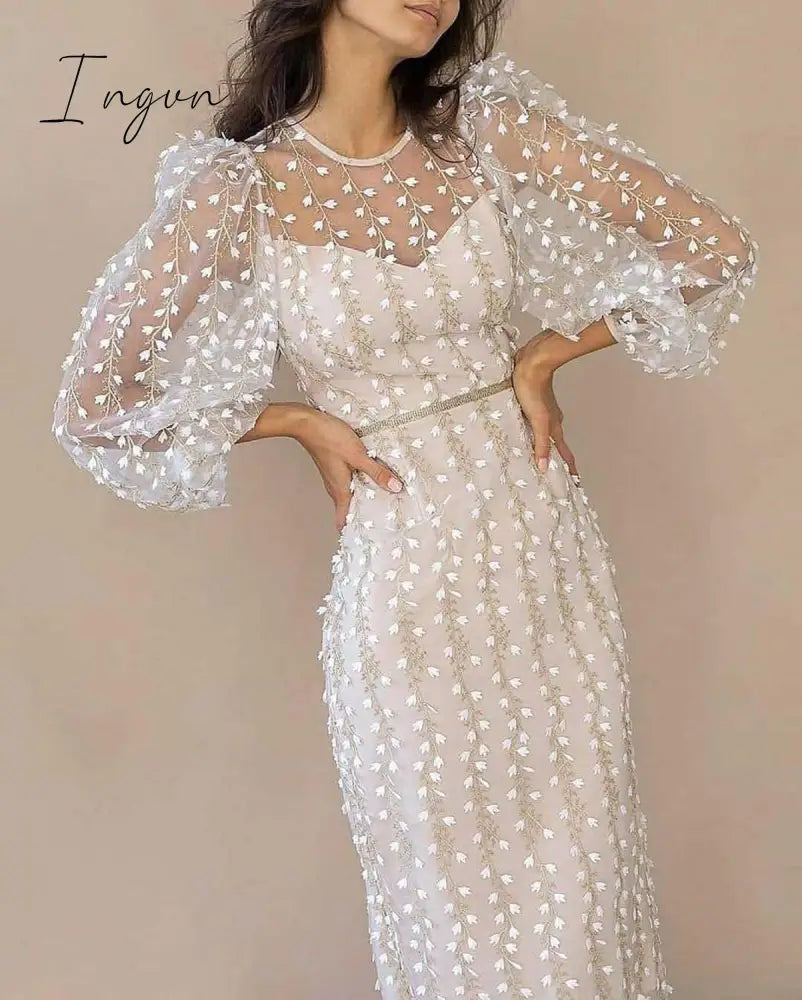 Ingvn - Charming Lace Women's Party Dress Elegant Long Sleeves O-Neck Dresses for Women Summer Mesh Formal Mid Dress Girls