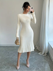 [Long Sleeve Ribbed Knit Sweater] Elegant Solid Color Ribbed Knit Sweater Dress for Women - Crew Neck, Long Sleeve, Pleated Design, Perfect for Fall & Winter