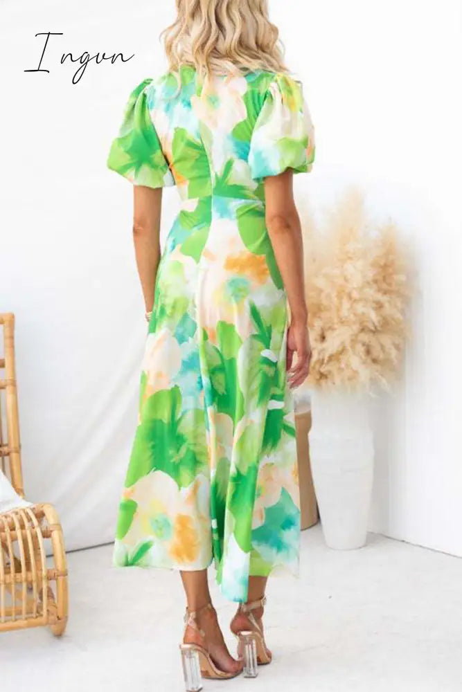 Ingvn - Sexy Vacation Gradual Change Print Hollowed Out V Neck A Line Dresses