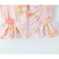 New Women Floral Print Pink Bone Slim Tank Top Pleated Ruffle Hem Summer Corset Crop Top Holiday ropa de mujer