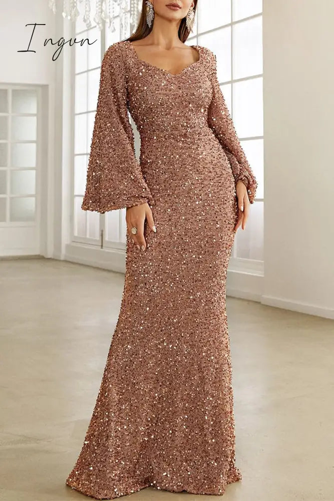 Ingvn - Elegant Formal Solid Sequins V Neck Evening Dress Dresses