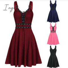 Ingvn - Women Mini Dresses Gothic Black Sexy Deep V Neck 2023 Fall Punk Sleeveless Rivet Fashion Tunic Hip Hop Bandage Female Dress