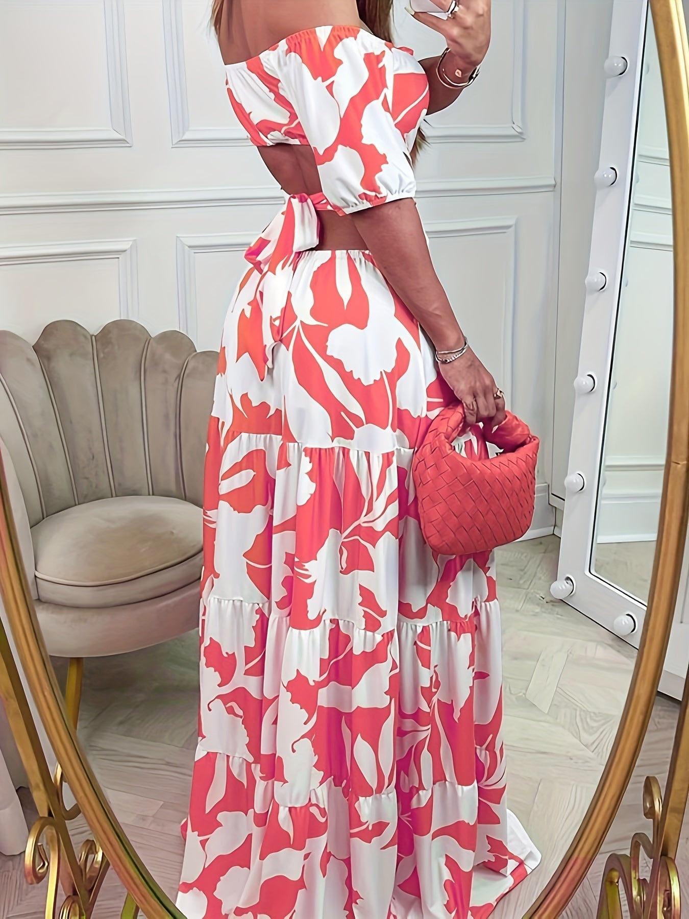 Flirty Floral Print Ruffle Hem Dress - Alluring Off Shoulder, Figure-Enhancing Cut Out Waist - Perfectly Playful Short Sleeves for Sexy Style - A Must-Have Womens Clothing Choice with Vibrant Pattern and Delicate Ruffles