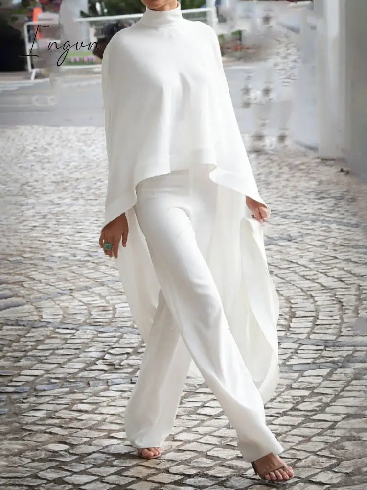 Ingvn - Female Stylish Vacation Two Pieces Set For Women Solid Color High-Neck High-Low T-Shirt Tops&Pants Suits 2023 New