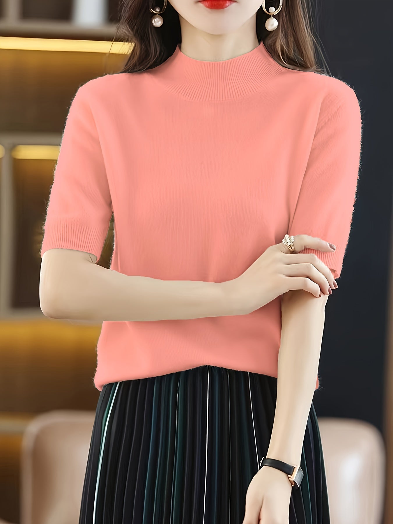 Premium Soft Knit Womens Sweater - Chic Mock Neck, Short Sleeve Pullover - Stylish & Elegant Wardrobe Staple