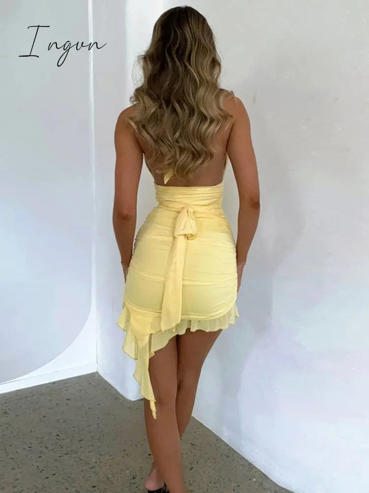 Ingvn - Elegant Irregular Mesh Mini Dress For Women Robe Halter Deep V Neck Sleeveless Backless Ruched Bodycon Sexy Dress