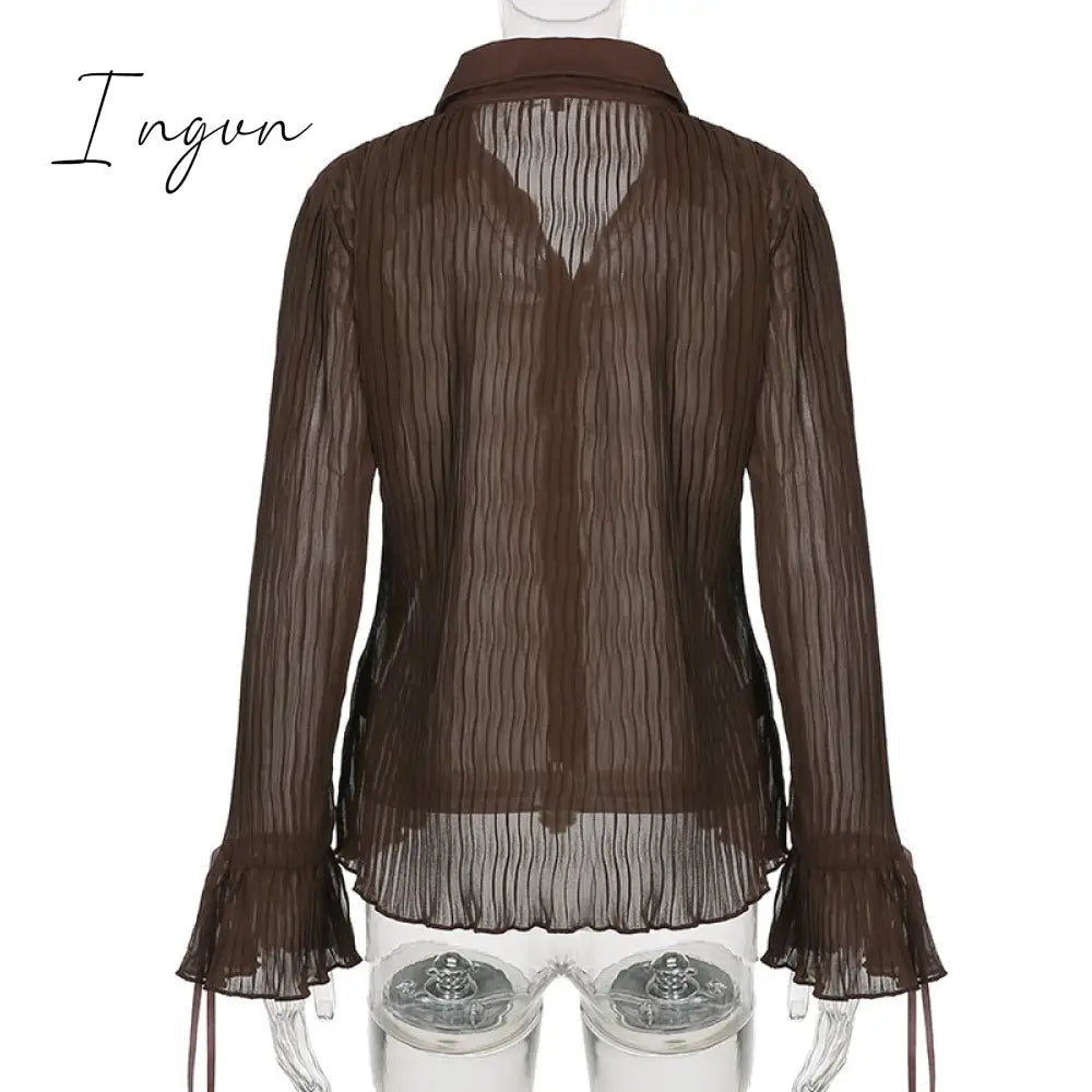 Ingvn - Hot Sell Vintage White Folds Cute Y2K Shirts Women Elegant Fashion Flared Sleeve Button Tops See Through Sexy Mesh Girl Tees