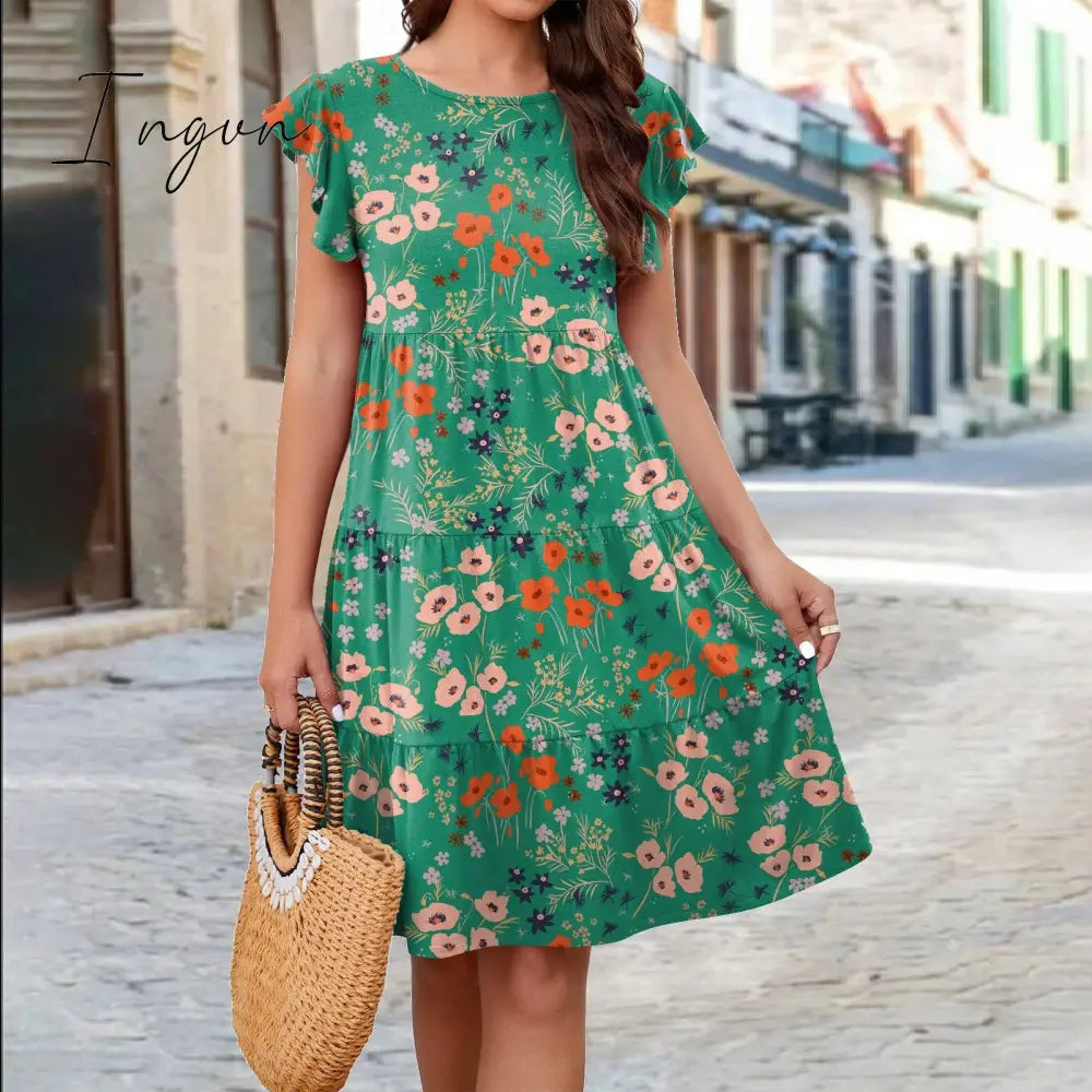 Ingvn - Spring summer v-neck floral short-sleeved dress