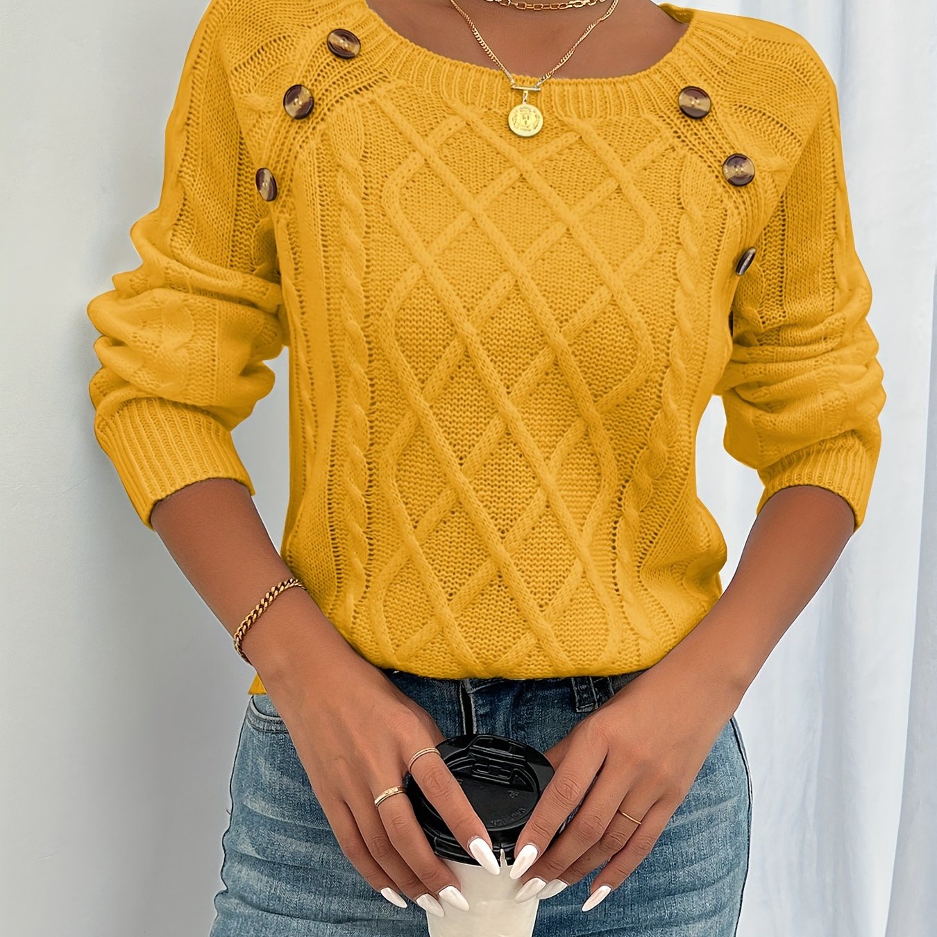 Long Sleeve Cable Knit Sweater, Casual Crew Neck Sweater, Women's Clothing