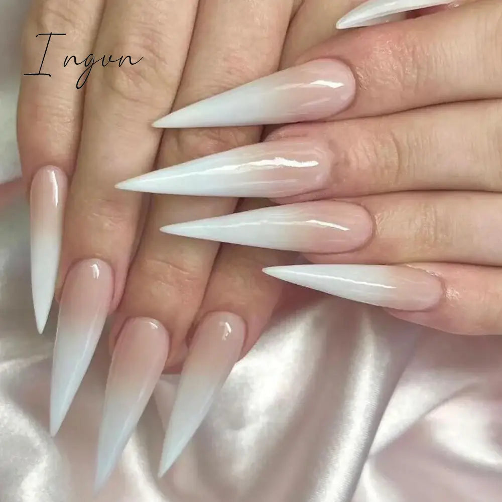 24Pcs 3D Long Almond False Nails Red Nude Ballet Stiletto Wearable Fake Nails MilkTea Color Jelly Full Cover Press On Nail Tips