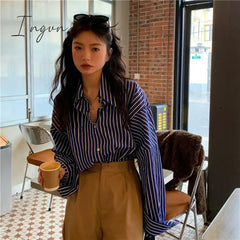 Ingvn - Deeptown Striped Women Blouses Basic Vintage Chic Long Sleeve Shirts Korean Fashion Old Money Style Casual Tops Office Wear