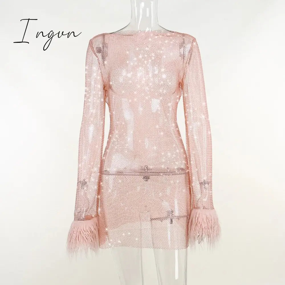 Ingvn - Round Collar See Through Dress Women Sexy Long Sleeve Elegant Female Clubwear Solid Mesh Tassel White Feather Mini Dress