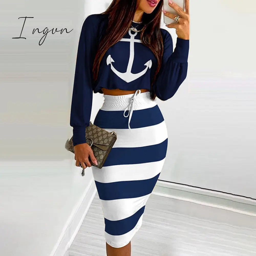 Ingvn - Autumn Women Casual Two Piece Dress Suit Sets Geometric Print Long Sleeve Top & Drawstring Shirred Skinny Skirt Set