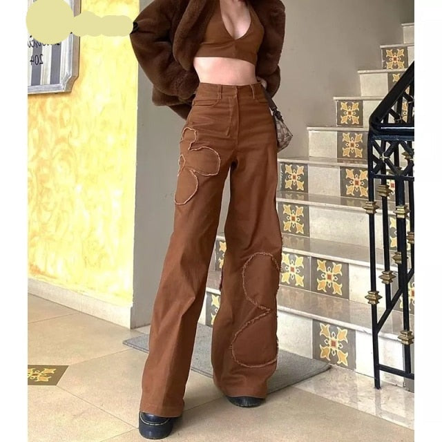 Rockmore Brown Vintage Baggy Jeans Women 90s Streetwear Pockets Wide Leg Cargo Pants Low Waist Straight Denim Trousers