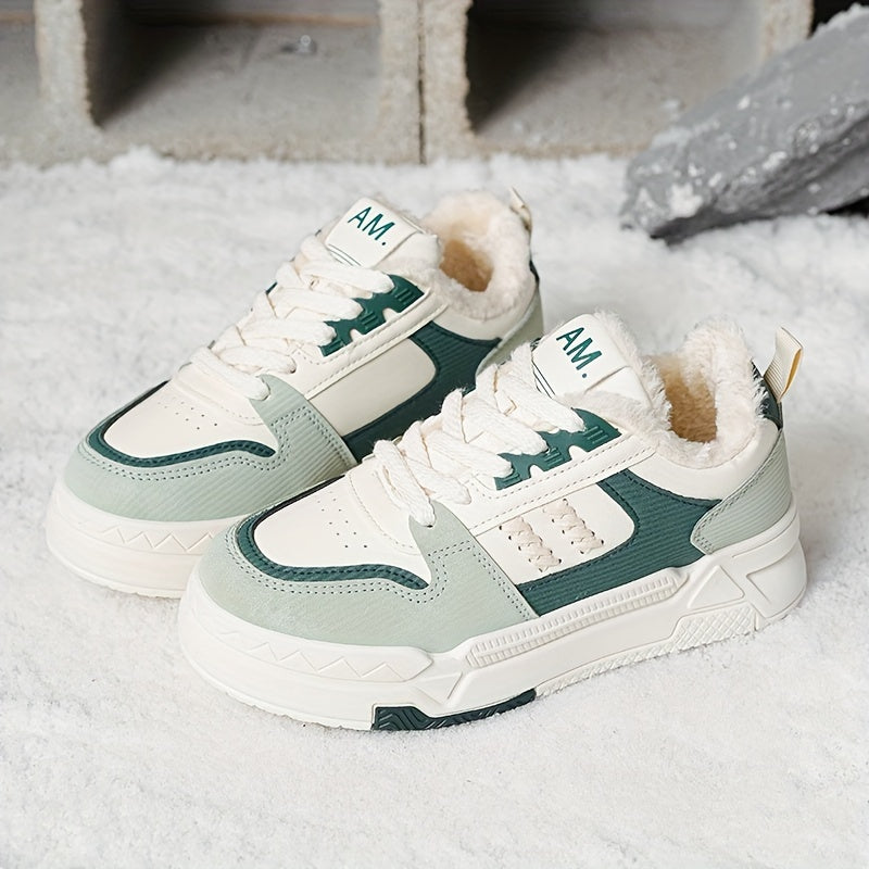 Plus Size Women's Comfortable Plush Lined Low Top Casual Lace Up Sneakers, Outdoor Shoes