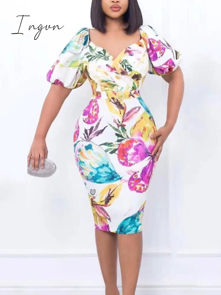 Ingvn - Women Summer Printed Bodycon Dresses Puff Short Sleeve Wrapped High Waist Fitted Midi Dress with Belt Office Party Clothes