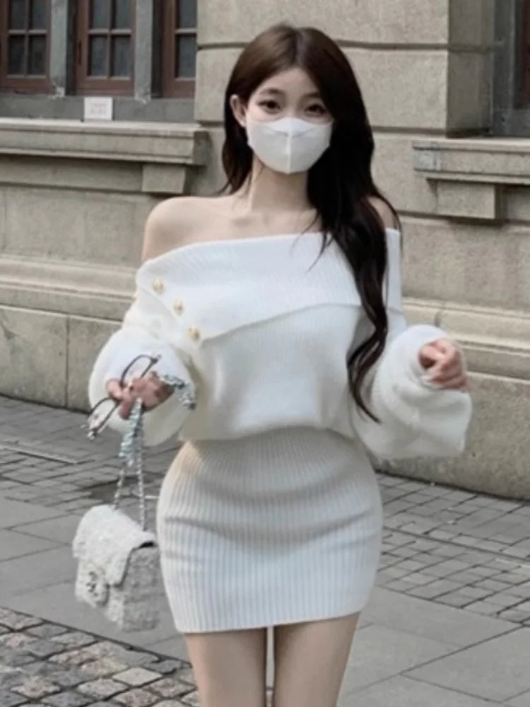 Y2K Autumn Solid Knitted Dresses for Women Off Shoulder Slash Neck Casual Vestidos Mujer Korean Femme Chic Fashion Mini Dress
