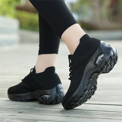 Comfortable Air Cushion Sneakers for Women - Breathable Mesh Upper, Thick Sole, Lazy Lace-Up Design, Fabric Material, Ideal for Casual Running, Sports, and Business Wear