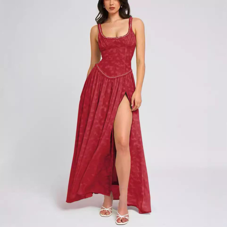 sexy women's new sexy suspenders U-collar backless perspective chiffon dress