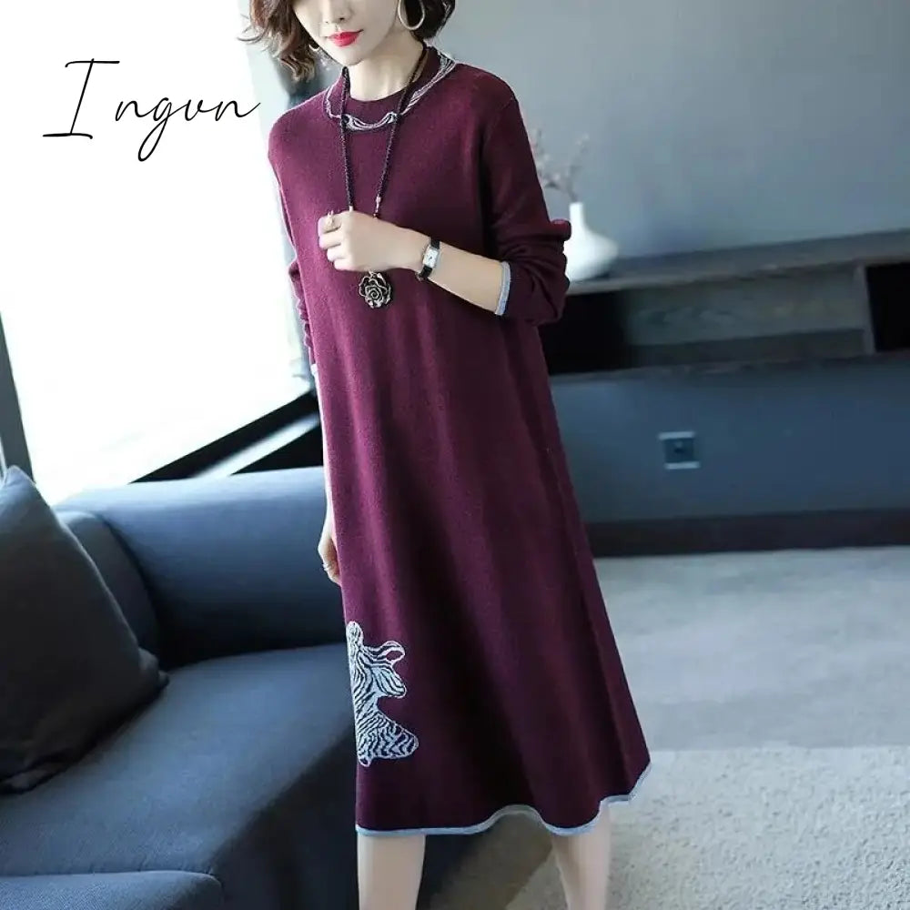 Ingvn - Trends high quality New Year Women's Autumn/Winter Long Sleeve Knitted Wool Dress Loose High Collar Knee-Length Dress Slim Casual Dress Party Dress