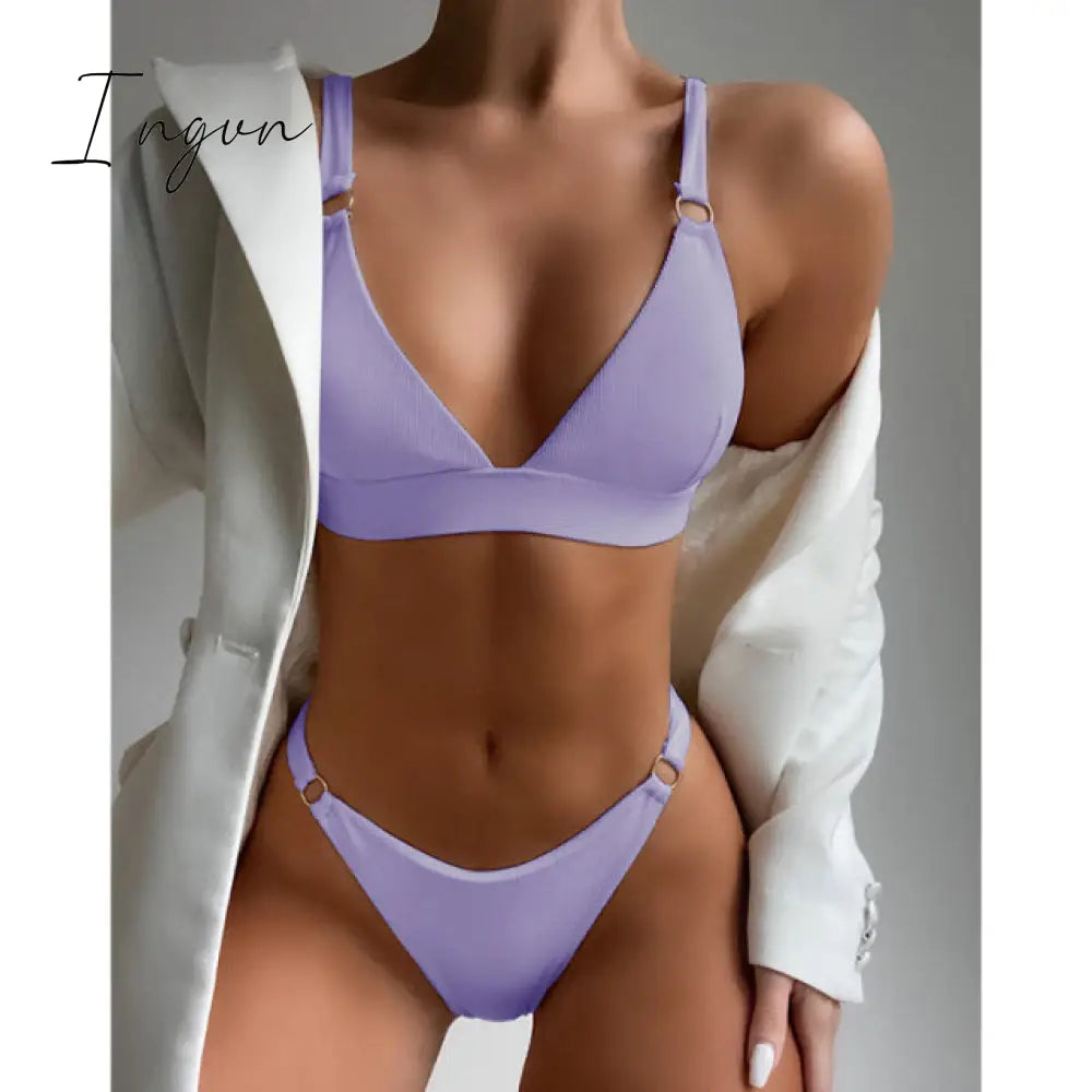 Ingvn - New Sexy Ribbed Ring Bikinis Swimsuit Women Push Up Swimwear Solid Bikini Set Summer Beach Brazil Biquini Swim Bathing Suit
