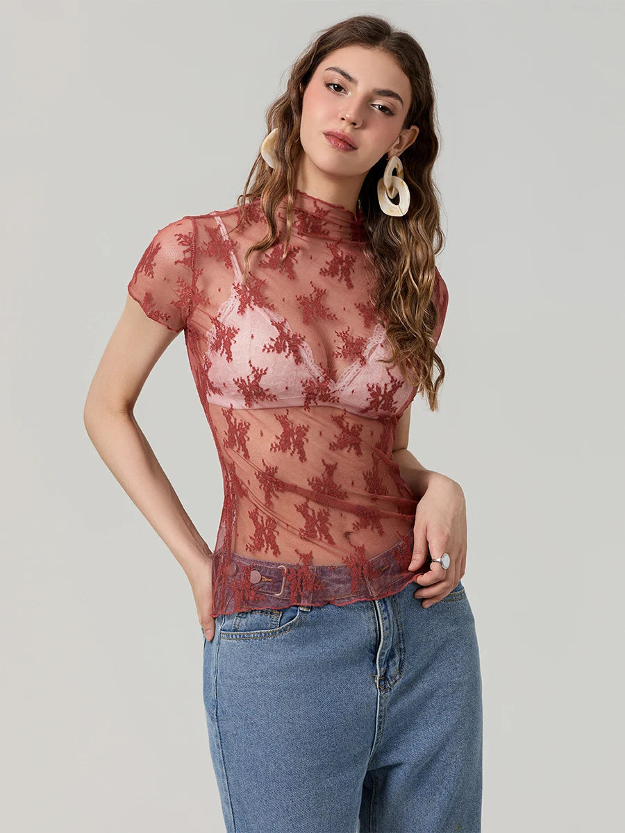 Women Lace Tops Short Sleeve Crew Neck See-through Sheer T-shirt Summer Casual Tee Shirts Clubwear