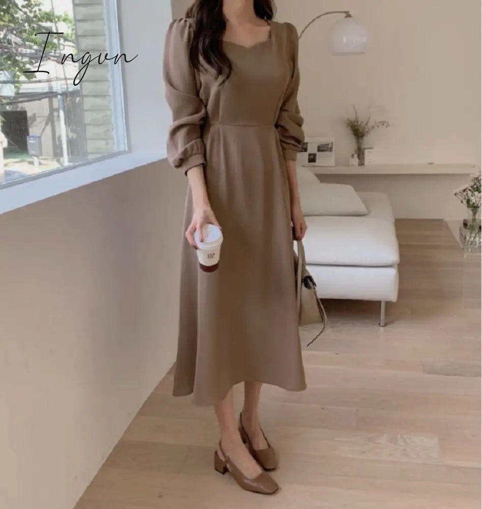Ingvn - Chic Korean Fashion Women Temperament Office Lady Elegant Work Basic Wear Solid Vintage Long Dress Fenimine Vestidos N502