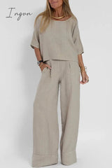 Ingvn - Casual Simplicity Solid Pocket O Neck Three Quarter Two Pieces
