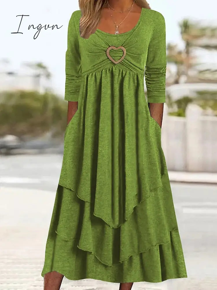 Ingvn - Women's Casual Dress Swing Dress Midi Dress Green Light Grey Dark Gray Long Sleeve Pure Color Ruched Winter Fall Spring U Neck Fashion Vacation 2023 S M L XL XXL 3XL