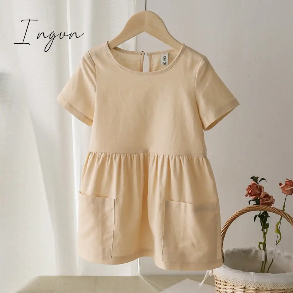 Ingvn - Fashion Cotton Linen Summer Girl Dress Yellow Casual Short Sleeve Kids Holiday Dress With Pockets TZ20