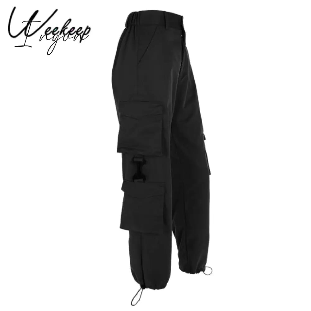 Ingvn - Button Pockets Patchwork Cargo Pants Women Streetwear High Waist Trousers Women Fashion Pencil Pants Joggers Women