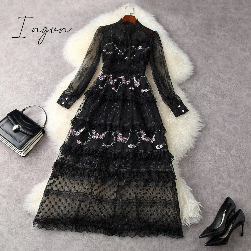 Ingvn - Spring Outfits Designer Runway Party Evening Midi Long Dresses For Women Ruffles Embroidery Floral Elegant Traf Chic Ladies Vestidos Femme Robe