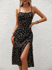 Vibrant Floral Print Adjustable Spaghetti Strap Dress - Alluring Split Backless Cami Style - Perfect for Everyday Fashion, Womens Casual Wear