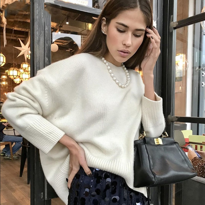Voguable Elegant Women Sweater Oversized Knitted Basic Pullovers O Neck Loose Soft Female Knitwear Jumper