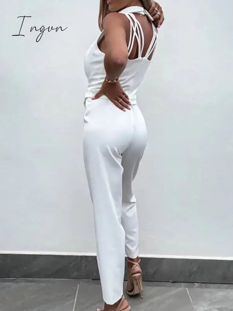 Ingvn - New Solid Casual Women Summer Jumpsuits V-Neck Lace-Up Sleeveless Wide Leg Pants Button Ladies Bodysuits Streetwear