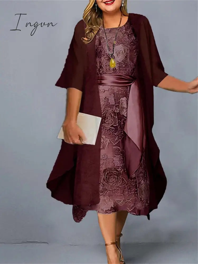 Ingvn - Women's Plus Size Casual Dress Dress Set Two Piece Dress Floral Midi Dress 3/4 Length Sleeve Crew Neck Fashion Daily Pink Wine Summer Spring L XL XXL 3XL 4XL