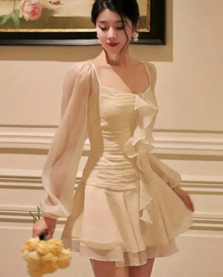 Women Spring Fashion Ruffles Mini Dress Elegant Casual Long Sleeve Birthday Evening Party Vestidos Summer Female One Pieces Robe