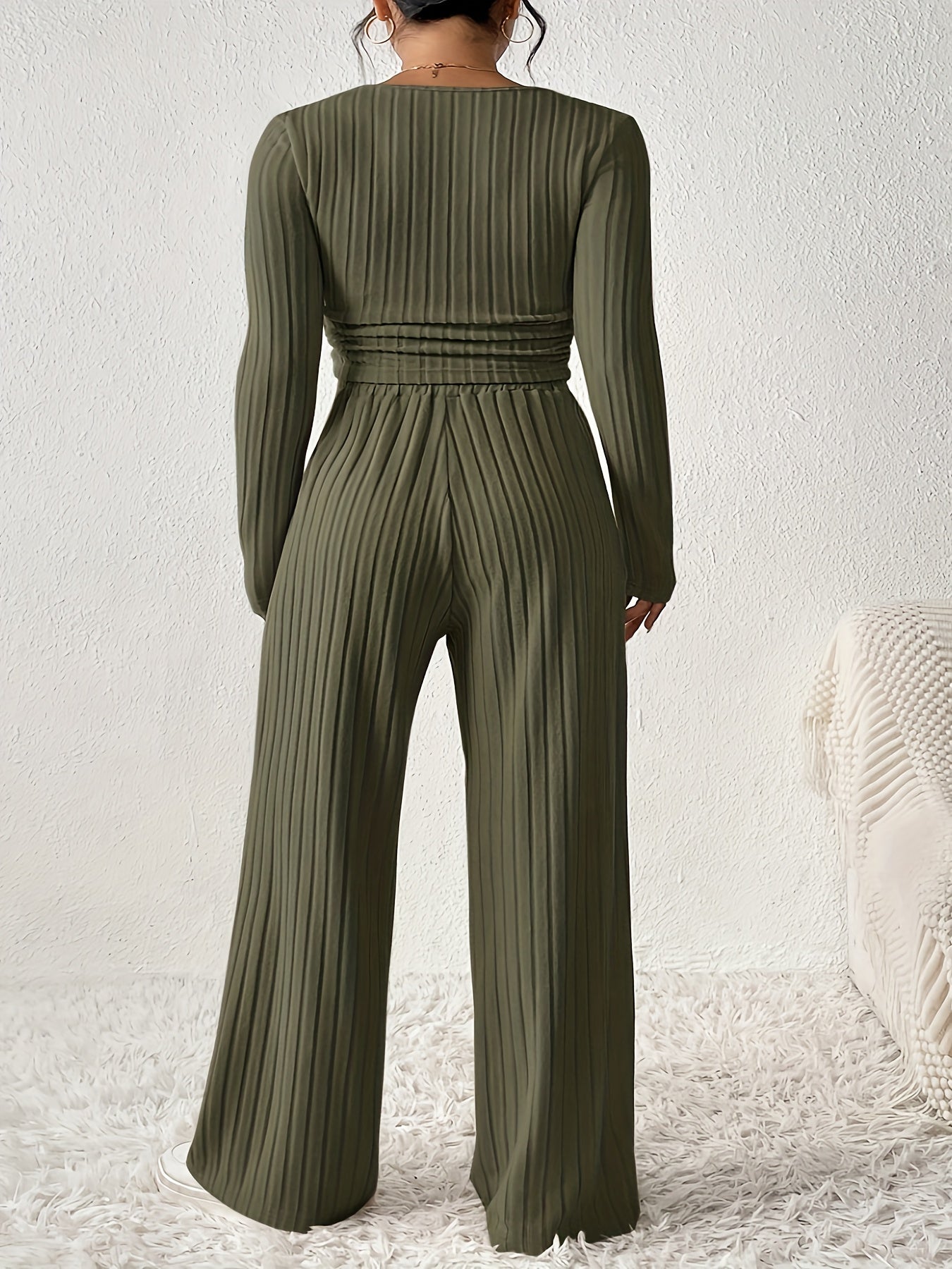 Casual Ribbed Solid Color Pants Set, Low Cut Neck Long Sleeve Crop Top & Elastic Waist Wide Leg Loose Pants, Women's Clothing