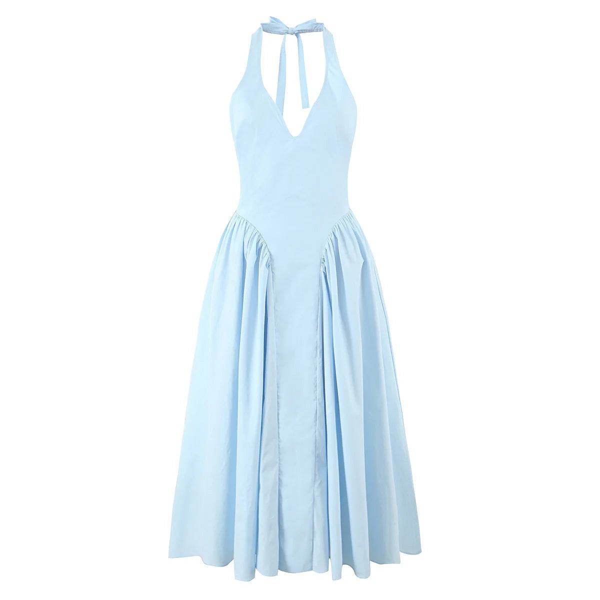 New Elegant Blue Halter Midi Long Dress Women Sexy Backless Deep V Neck Low Waist A-line Summer Dresses Party Robe